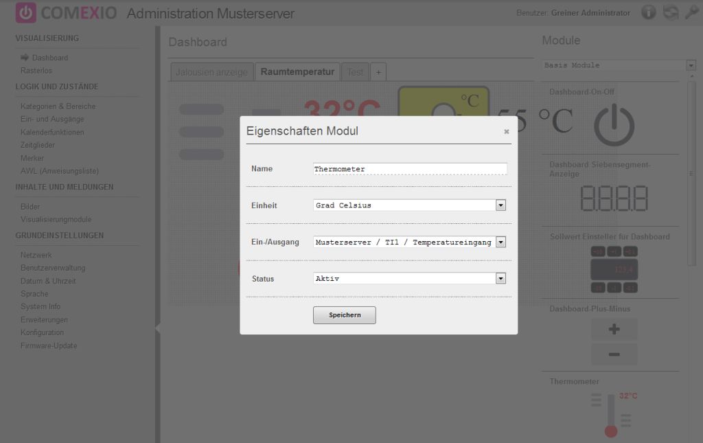 Einstellungsfenster Dashboard